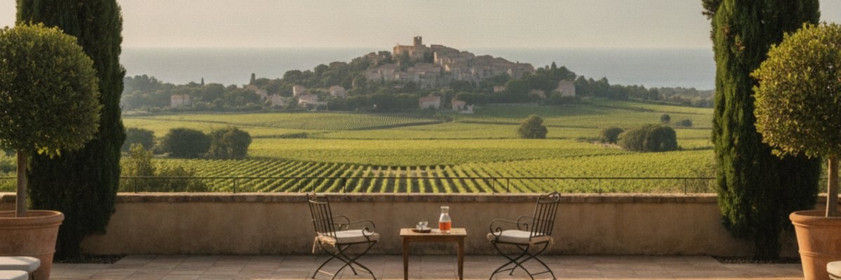 Location de villa a Ramatuelle : terrasse face au village et aux vignes